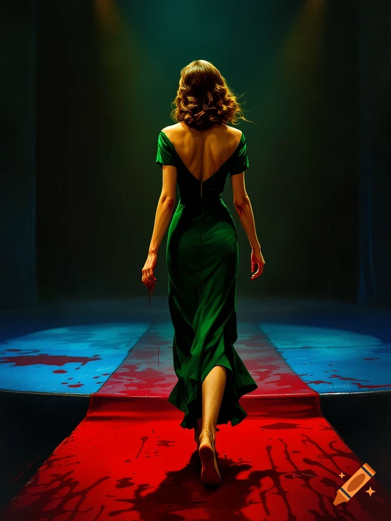 Moody vintage film poster of woman in green dress walking on bloody red carpet