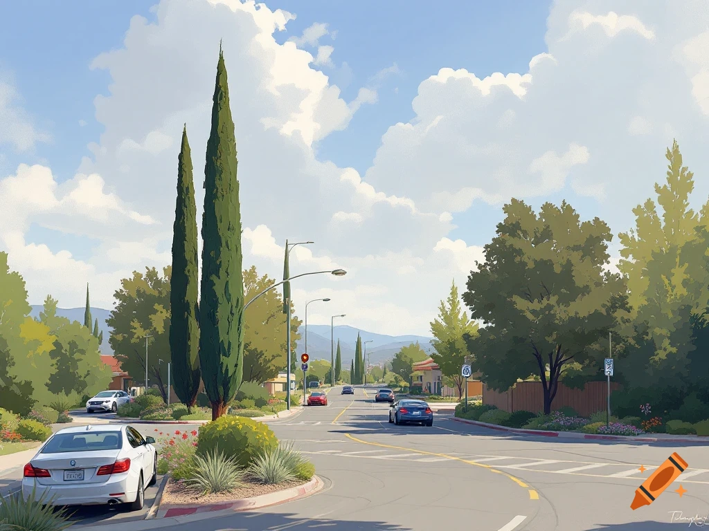 A car waits at an intersection on a suburban street lined with trees and houses.