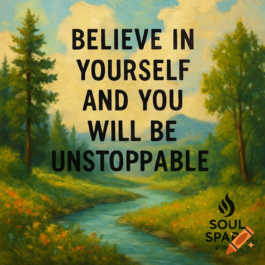 Painting of a river landscape with trees under a cloudy sky, with the text 'BELIEVE IN YOURSELF AND YOU WILL BE UNSTOPPABLE' and a 'SOUL SPARK' logo.