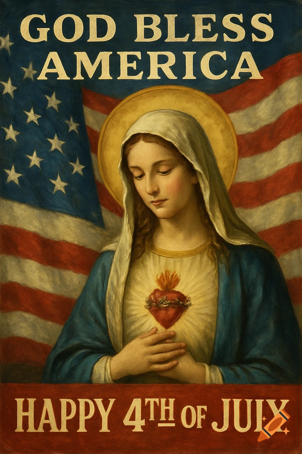 A painting of the Virgin Mary with a sacred heart in front of an American flag, with text that says "GOD BLESS AMERICA" and "HAPPY 4TH of JULY".