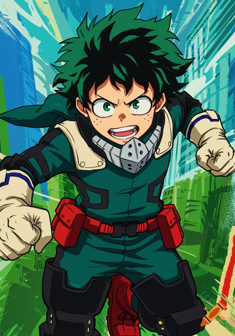 Anime illustration of Izuku Midoriya in action
