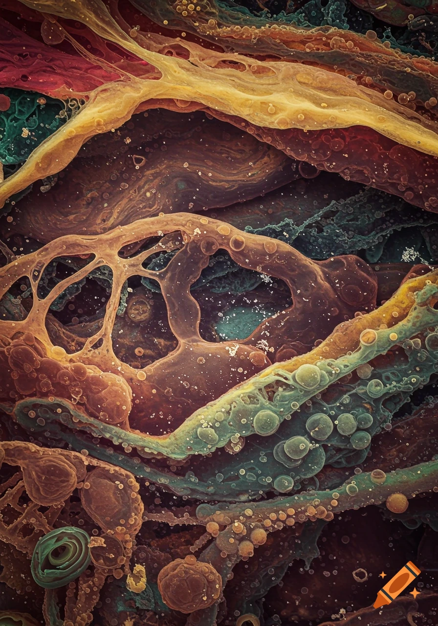 Macro view of abstract organic forms in red, yellow, brown, and teal.