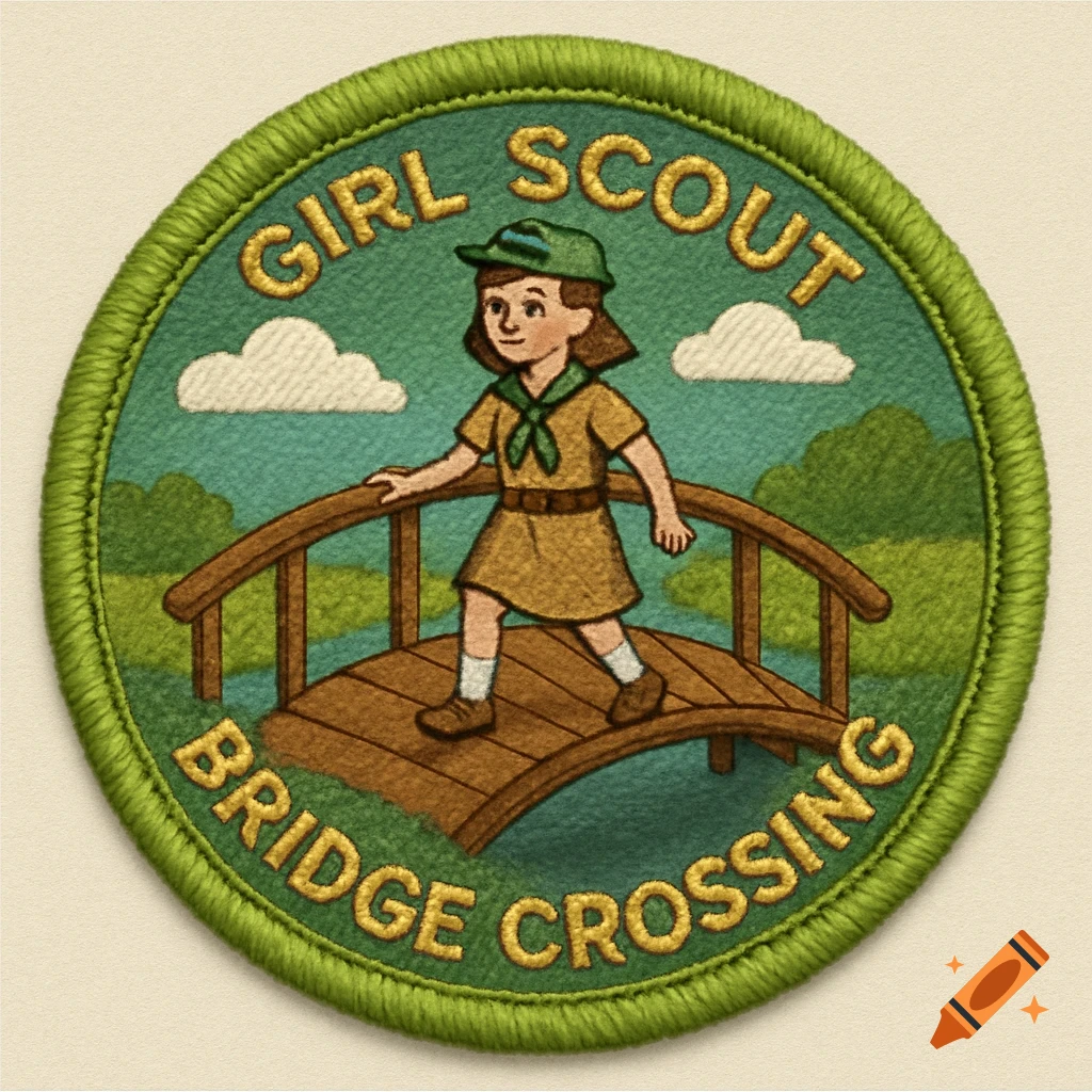Embroidered Girl Scout patch with a girl crossing a bridge and text 'GIRL SCOUT BRIDGE CROSSING'.