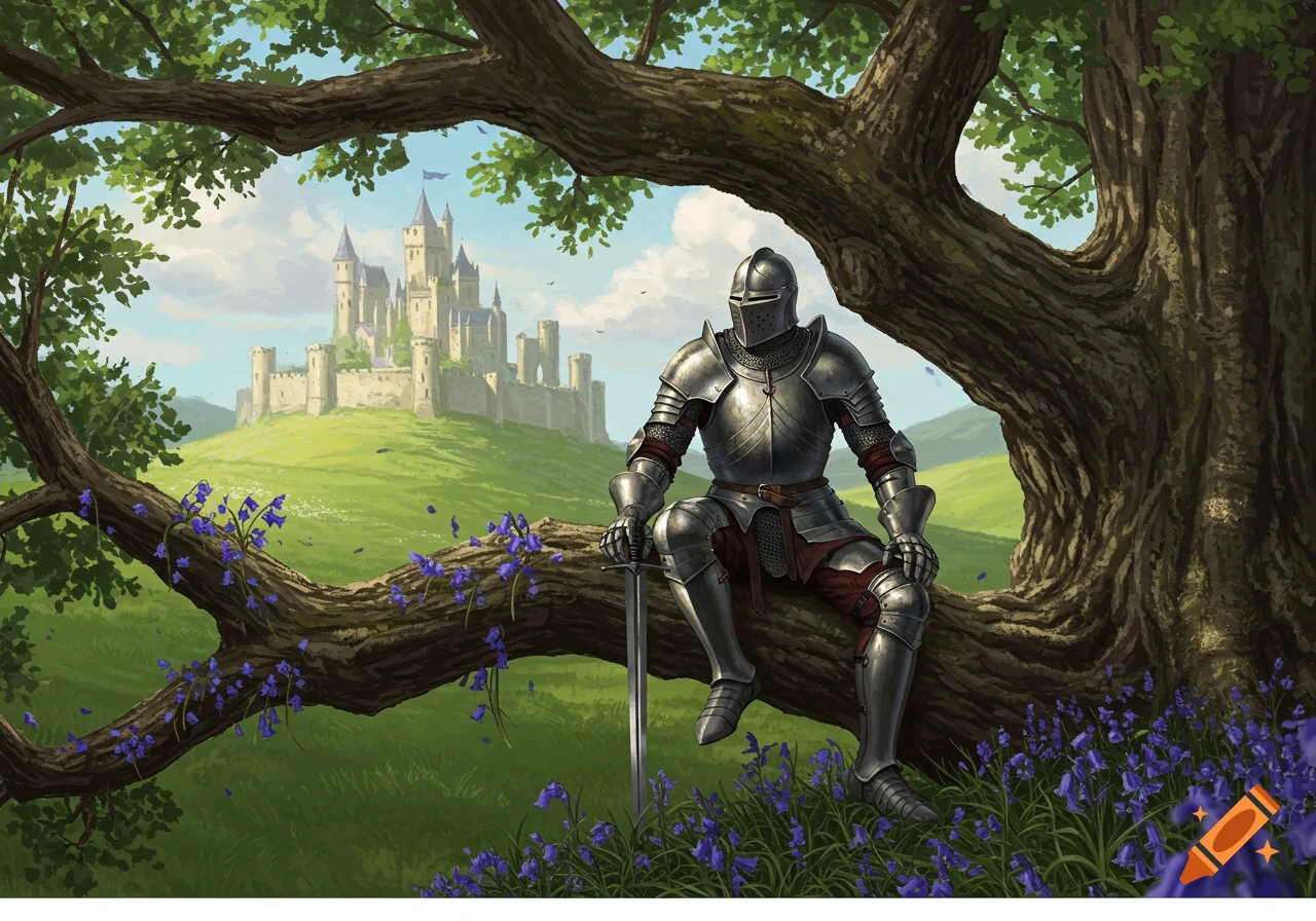 A knight in full armor sits under a large tree, holding a sword, looking towards a castle on a hill in the distance. Bluebell flowers are scattered around the tree.