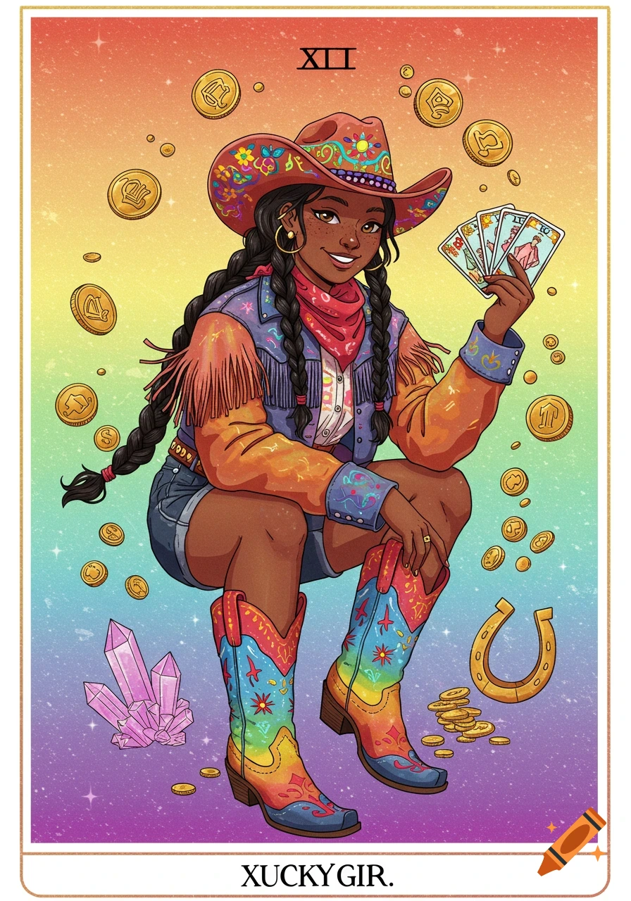 A cartoon illustration of a cowgirl holding tarot cards, wearing rainbow boots and hat, surrounded by coins and crystals.