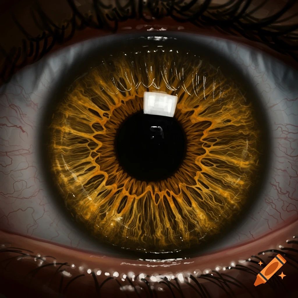 Close-up of a golden-brown eye with a black pupil and bright reflection.