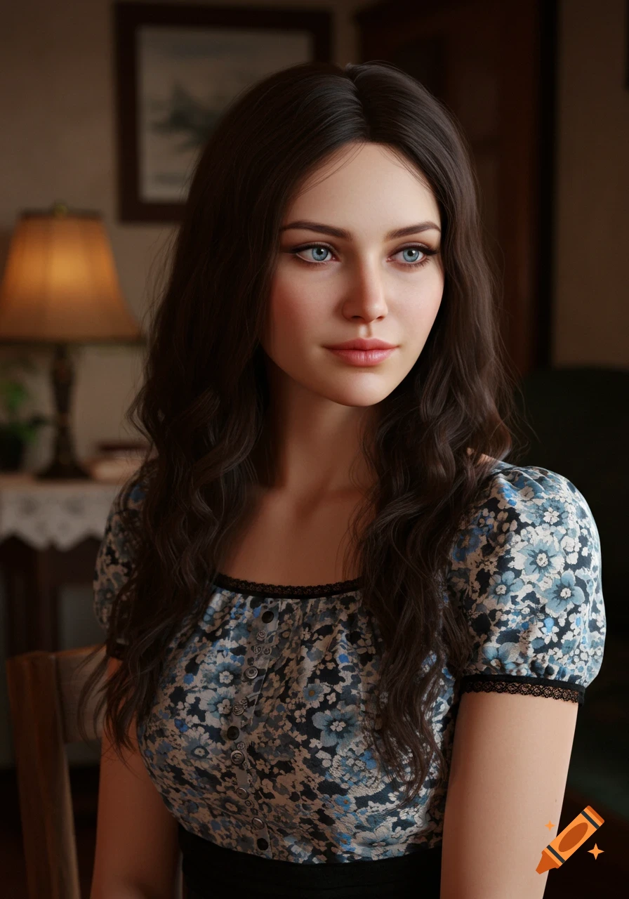A photorealistic portrait of a young woman with dark hair and blue eyes, wearing a floral shirt.