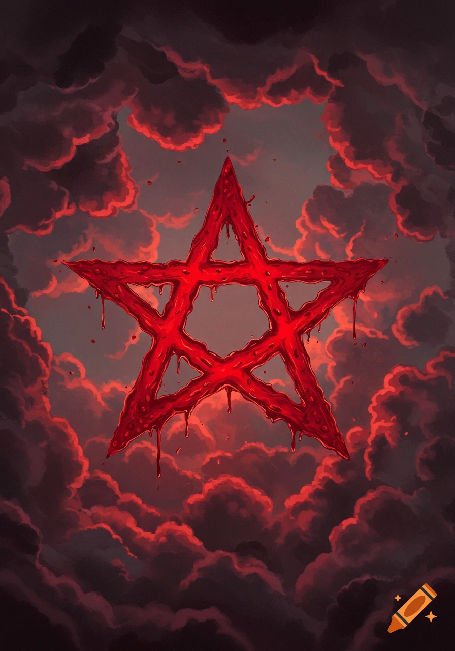 A blood-red septagram floats amidst dark, stormy clouds.