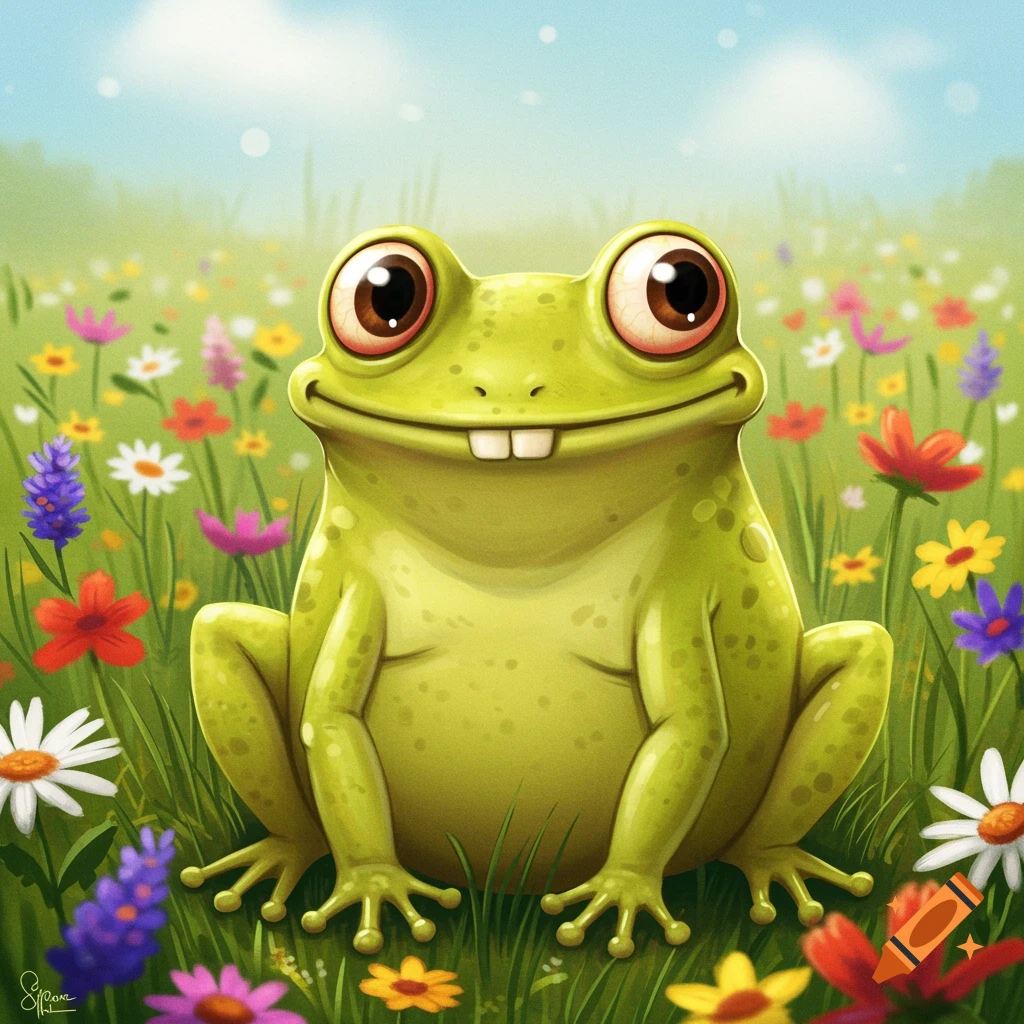 A comical green frog with big eyes and a smile sits in a field of colorful flowers, illustration style.