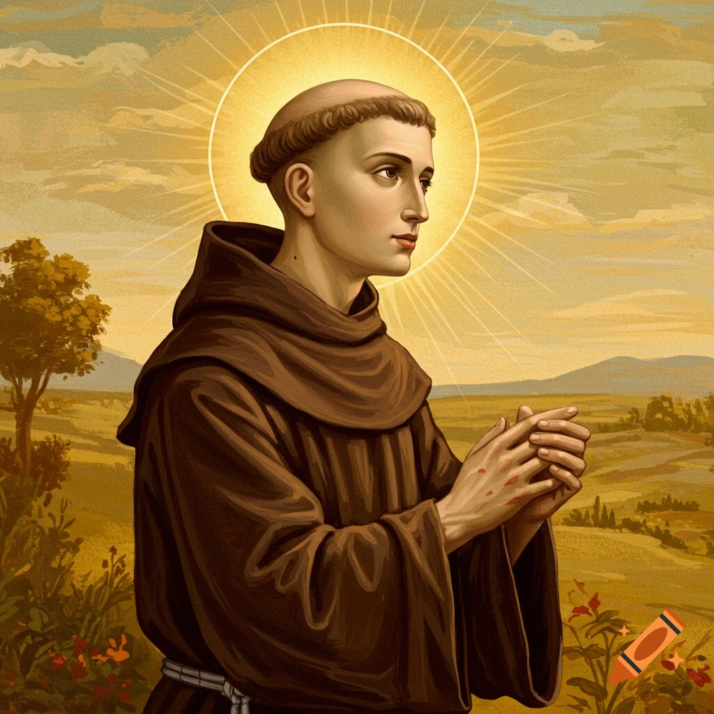 Painting of a monk in a brown robe with a halo in a landscape