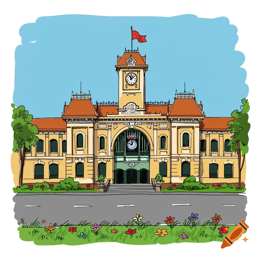 Simple hand-drawn illustration of the Saigon Central Post Office with grass and flowers.