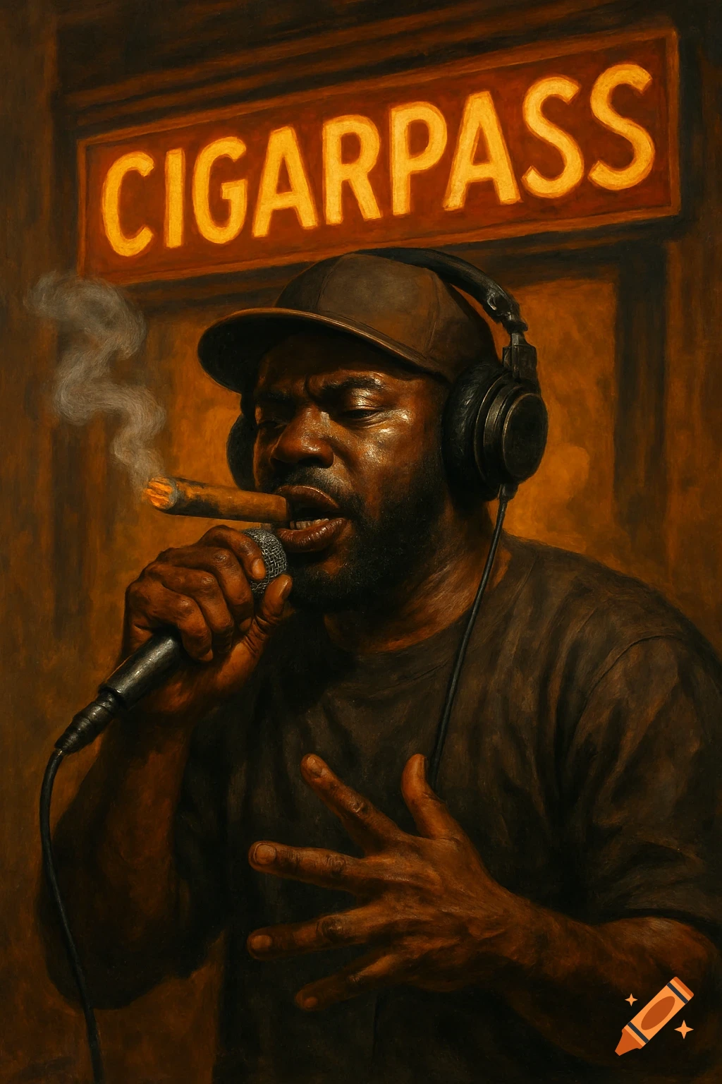 Painting of a man wearing headphones, rapping and smoking a cigar under a 'CIGARPASS' sign.