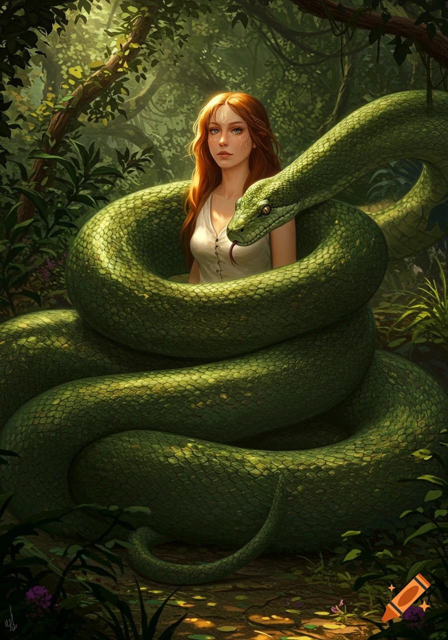 A woman with red hair is entwined by a giant green snake in a lush forest