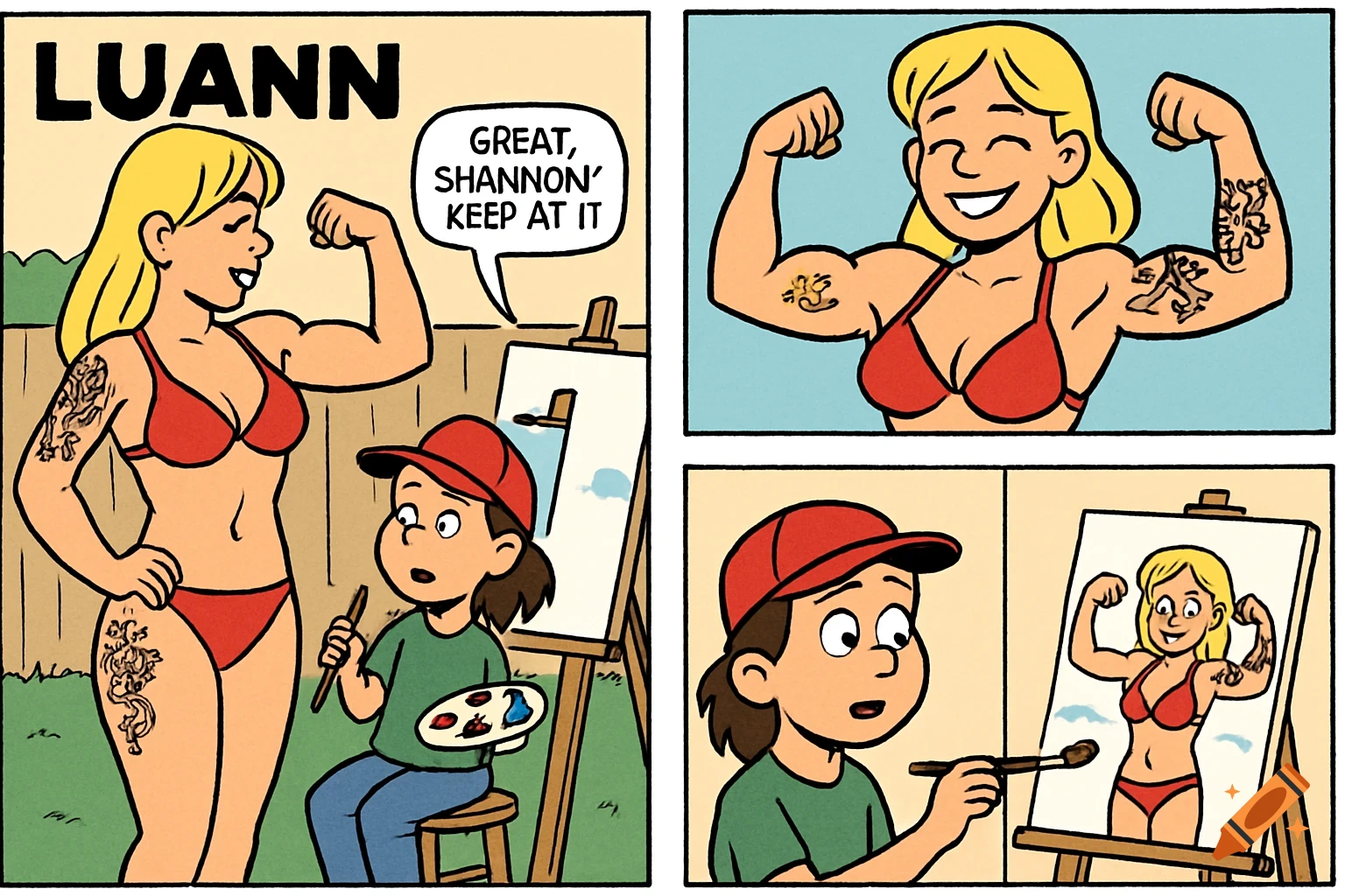 Comic strip: A woman in a bikini flexes her muscles while a child draws her posing.