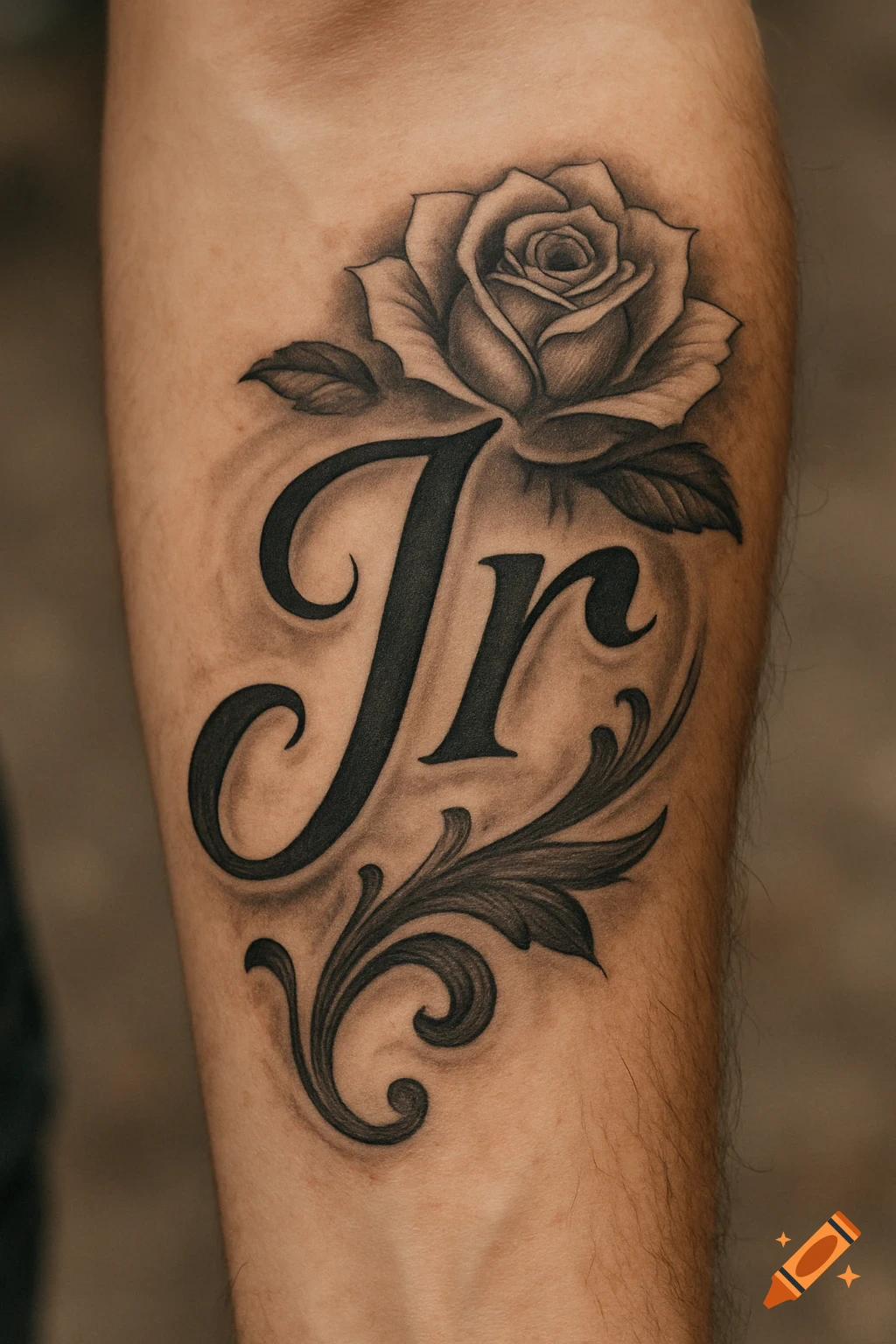 Tattoo of the initials Jr and a rose on a forearm.