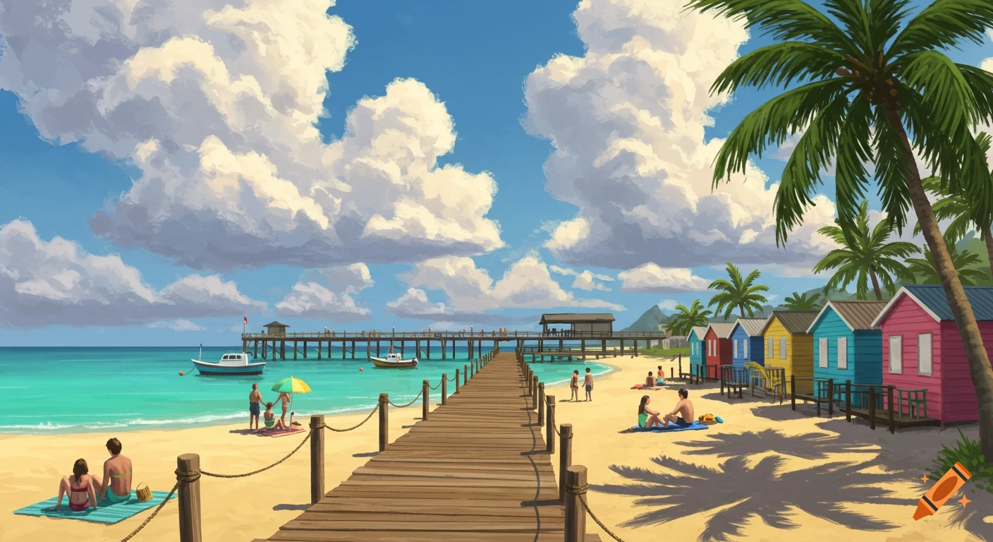 Sunny illustrative beach scene with a pier extending into blue water, colorful beach huts, and people relaxing on the sand.