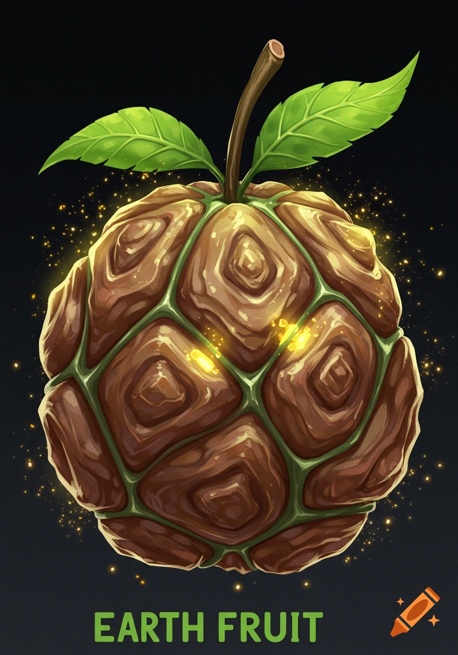 A stylized brown fruit with green veins, leaves, and golden particles, with the text "EARTH FRUIT" below.