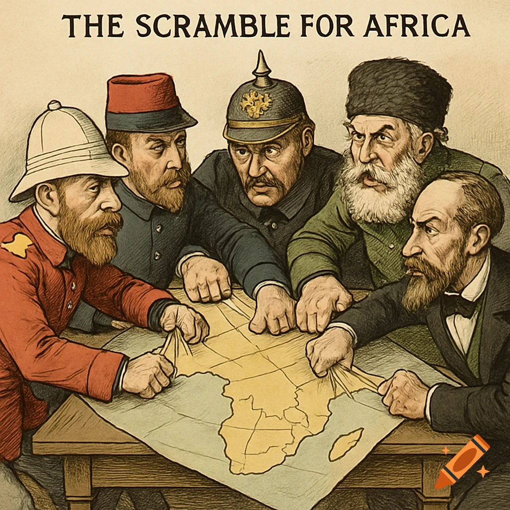 Political cartoon of men representing European powers gathered around a map of Africa.
