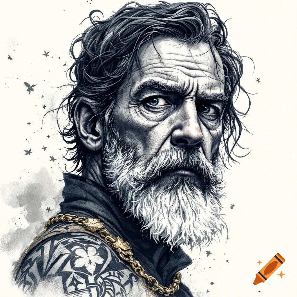 Black and white sketch portrait of an old man with a white beard, piercing blue eyes, gold chain, and shoulder tattoo.