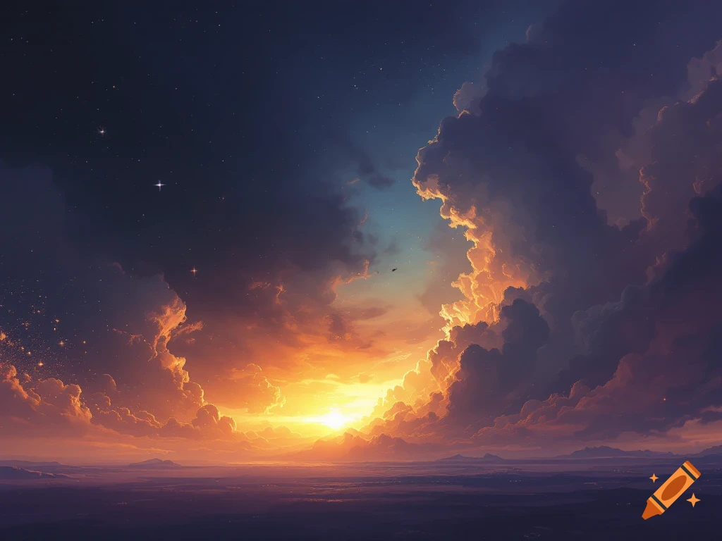 Dramatic sunset over a distant landscape with orange and purple clouds and stars in the sky, digital painting style.