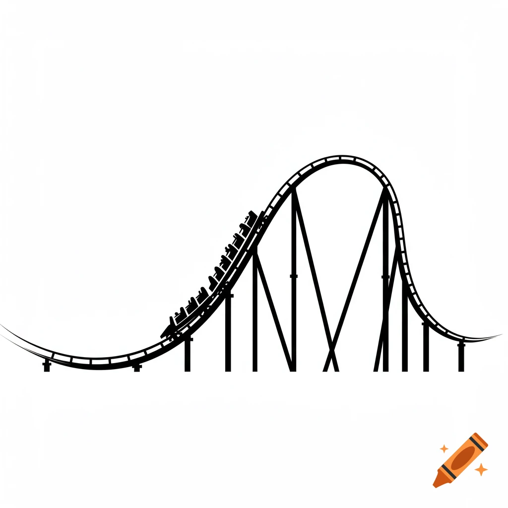 Black silhouette drawing of a rollercoaster with a train of cars on the track.