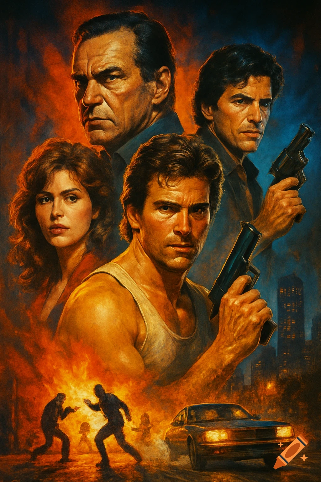 80s style movie poster with four characters holding guns against a fiery cityscape, with fighting figures and a car in the foreground.