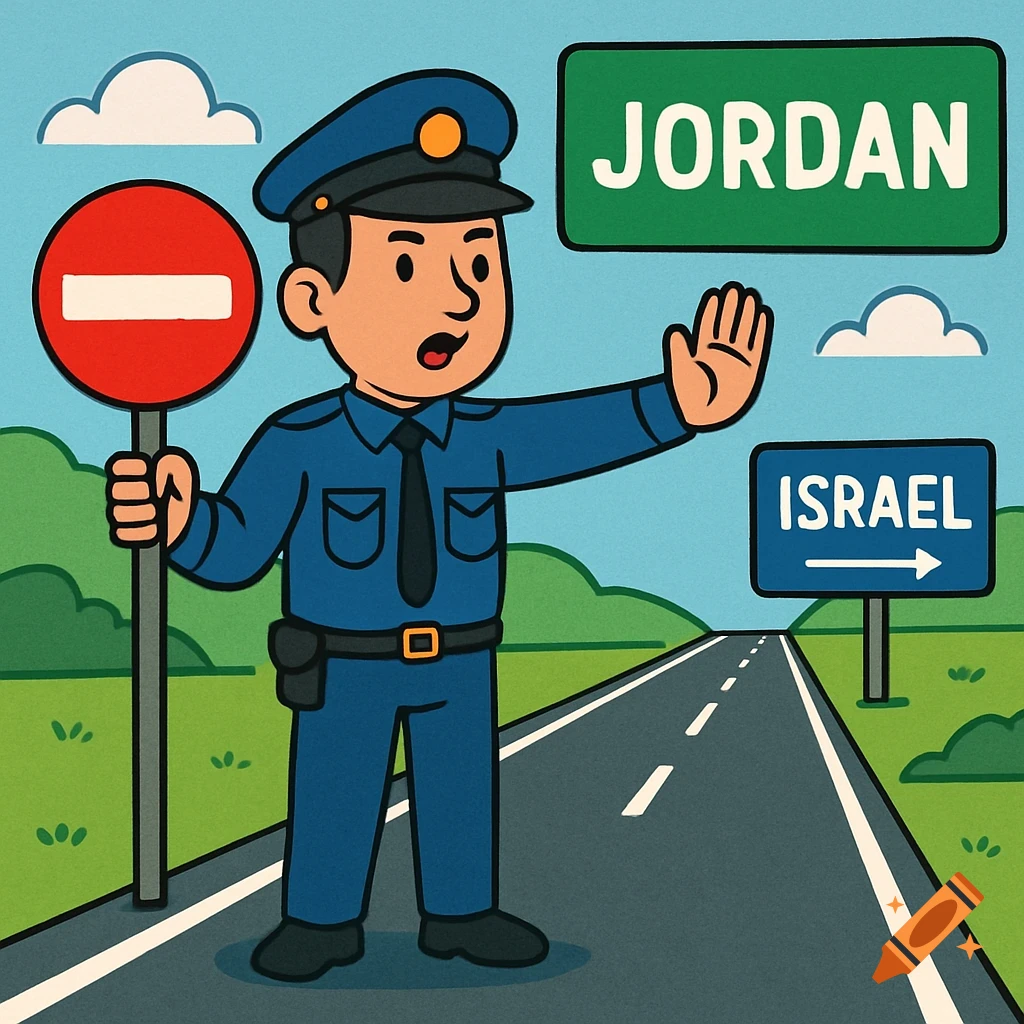 A cartoon policeman holding a stop sign stands on a road between signs pointing to JORDAN and ISRAEL.