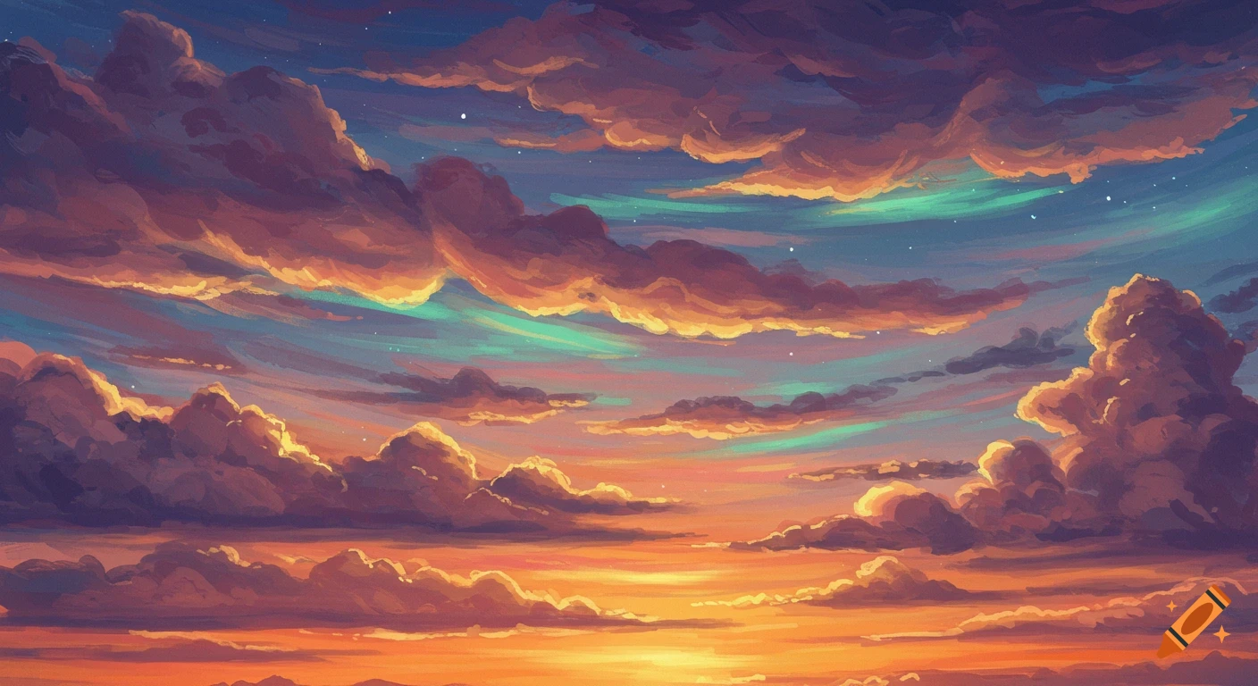 Painting of a dramatic sky at sunset/sunrise with colorful clouds.