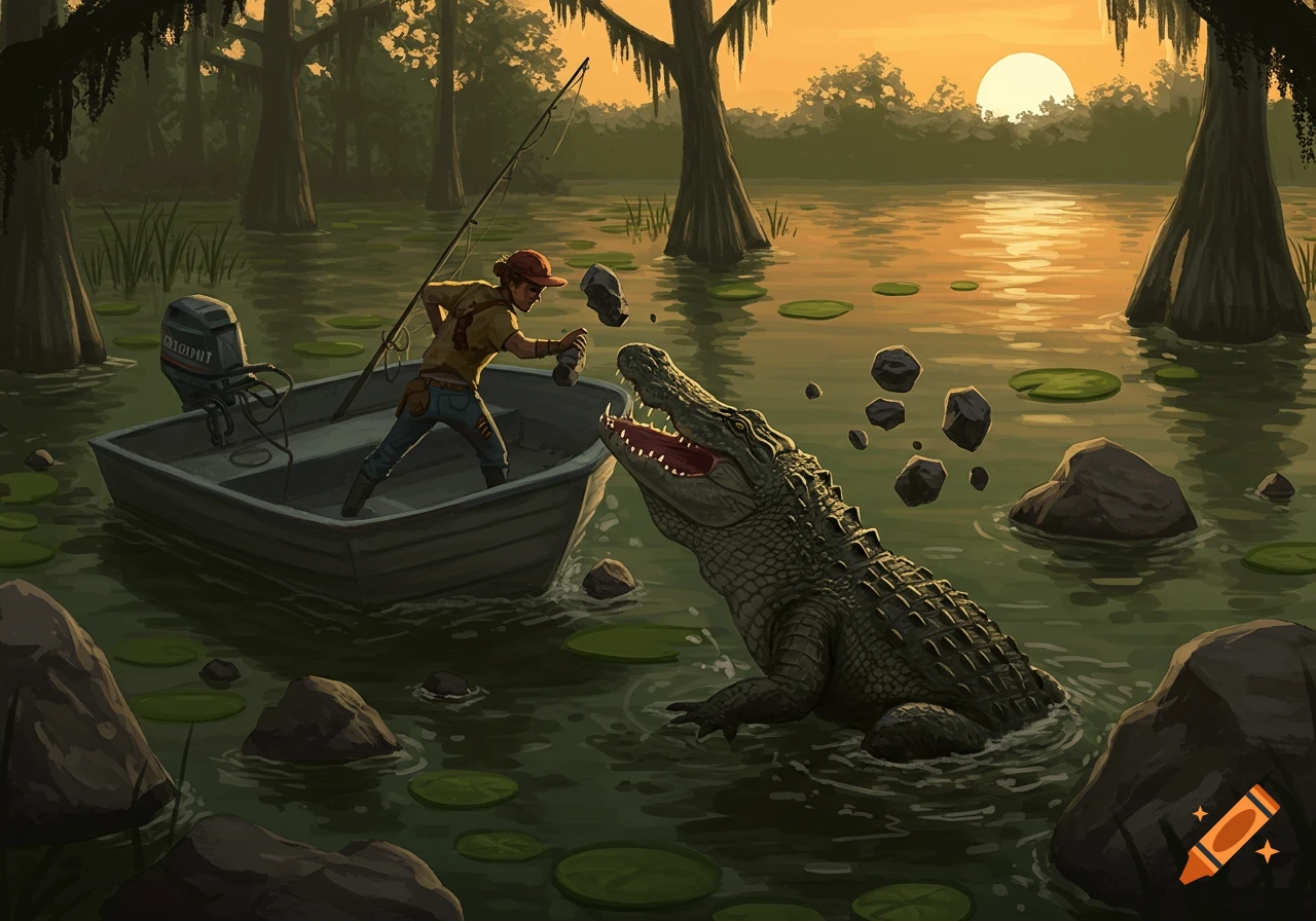 Illustration of a person in a boat fighting an alligator in a swamp at sunset.