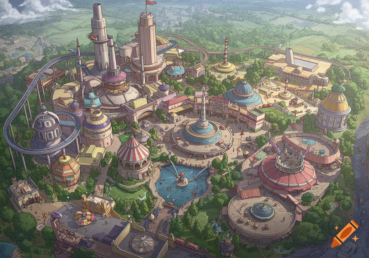A detailed, stylized aerial illustration of a vibrant theme park with various rides and buildings.