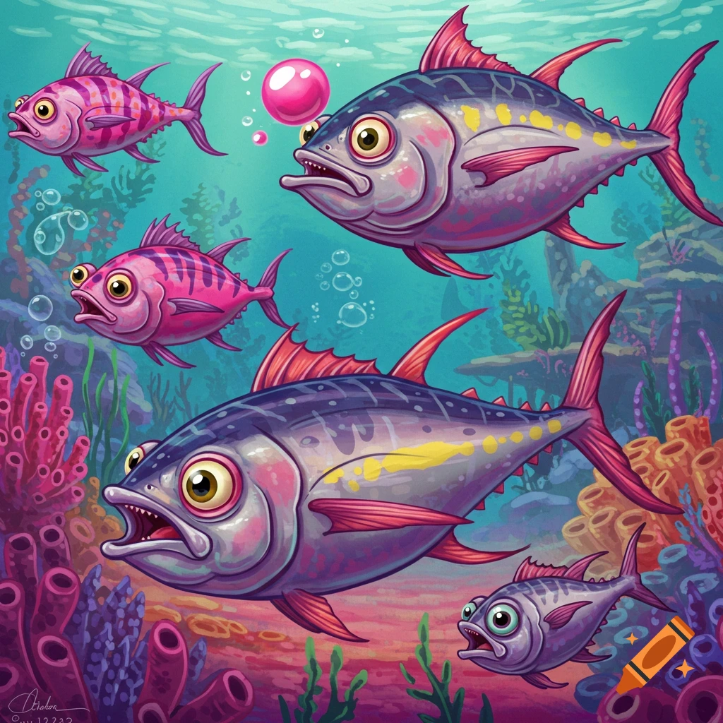 Stylized purple and pink fish swim among coral and bubbles in a bright cartoon underwater scene.