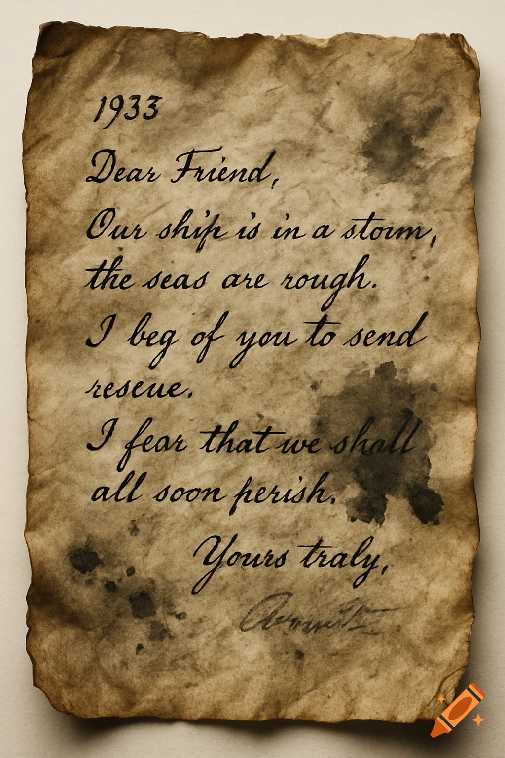 Aged letter with cursive writing and ink blots