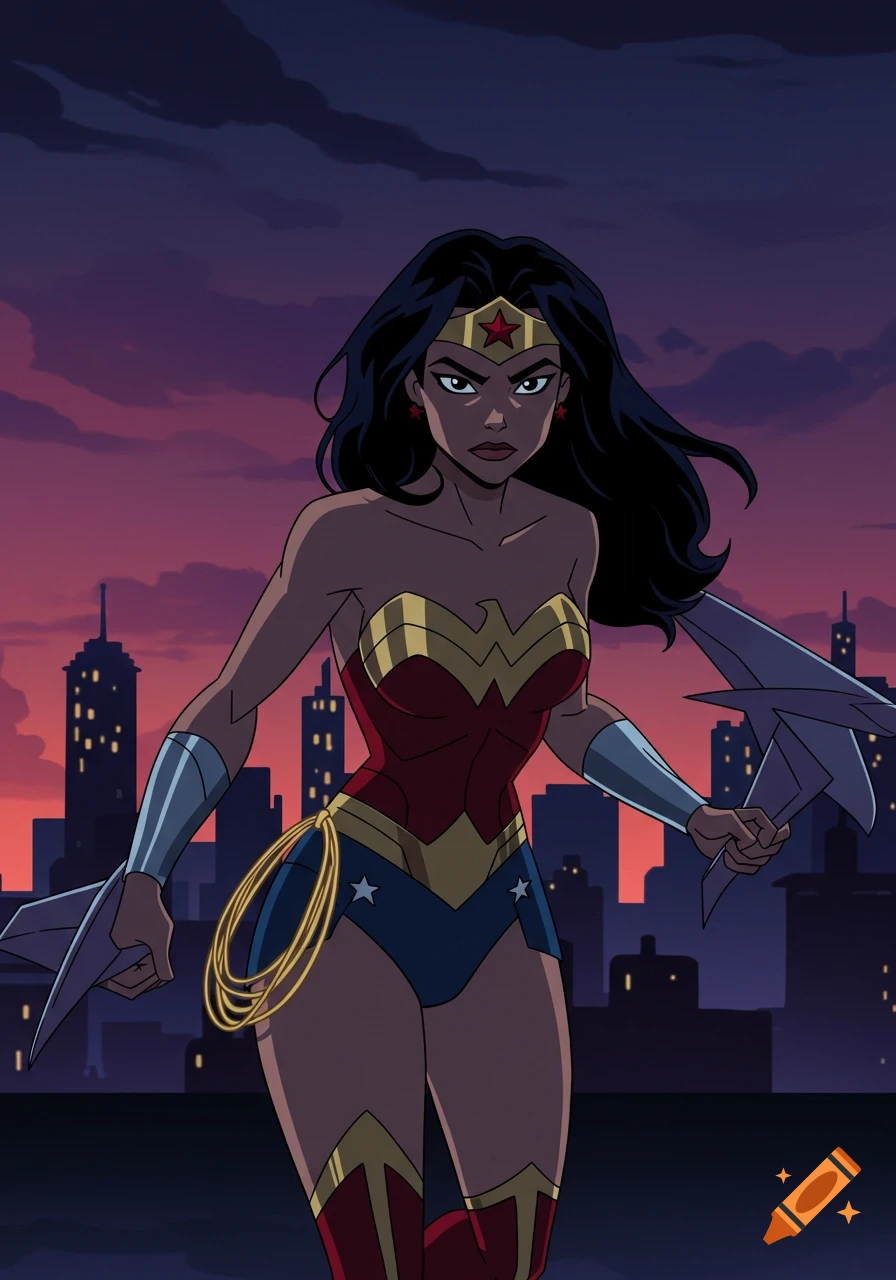 Animated Wonder Woman stands in front of a city skyline at dusk.