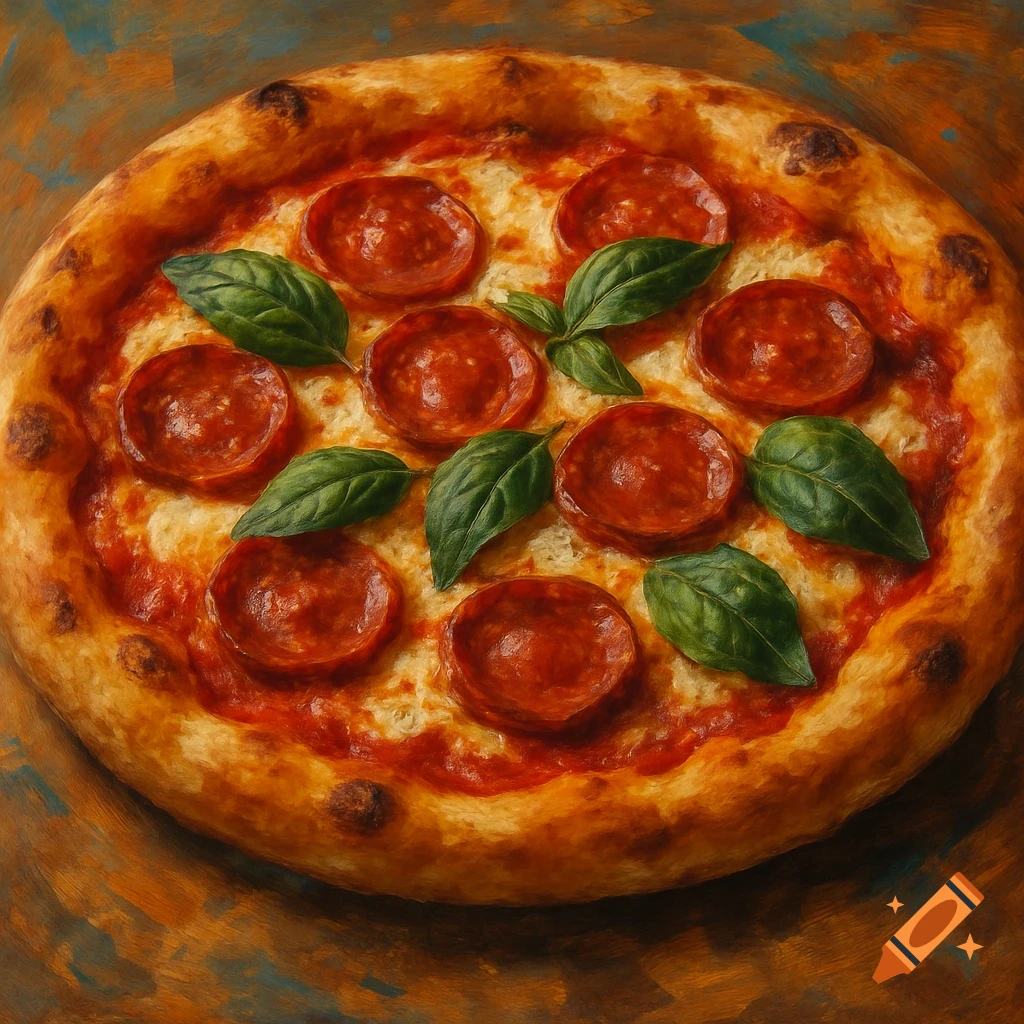Overhead view of a pepperoni and basil pizza, oil painting style.