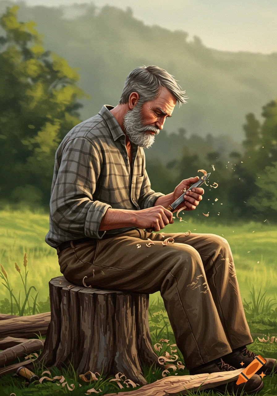 An older man with a beard sits on a stump outdoors, whittling wood in a painterly style.