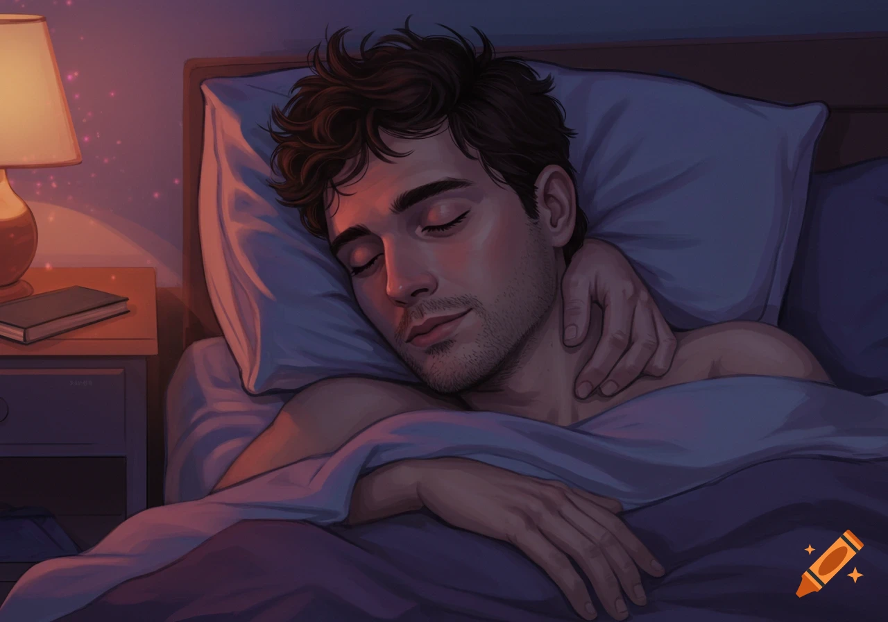 An illustration of a man sleeping in bed with an arm draped over his neck, lit by a bedside lamp.