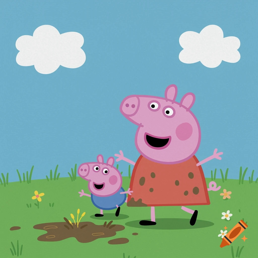 Peppa Pig and a younger pig jump in a mud puddle.