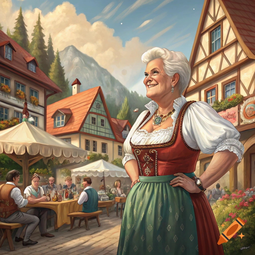 Painted image of a woman in traditional German dirndl standing in a village square with people eating.