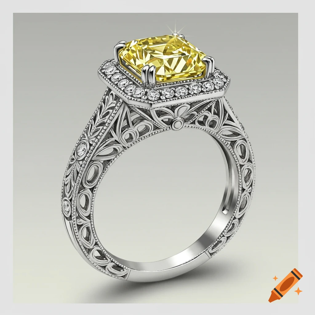 Art Deco engagement ring with a large yellow asscher cut diamond and filigree band.
