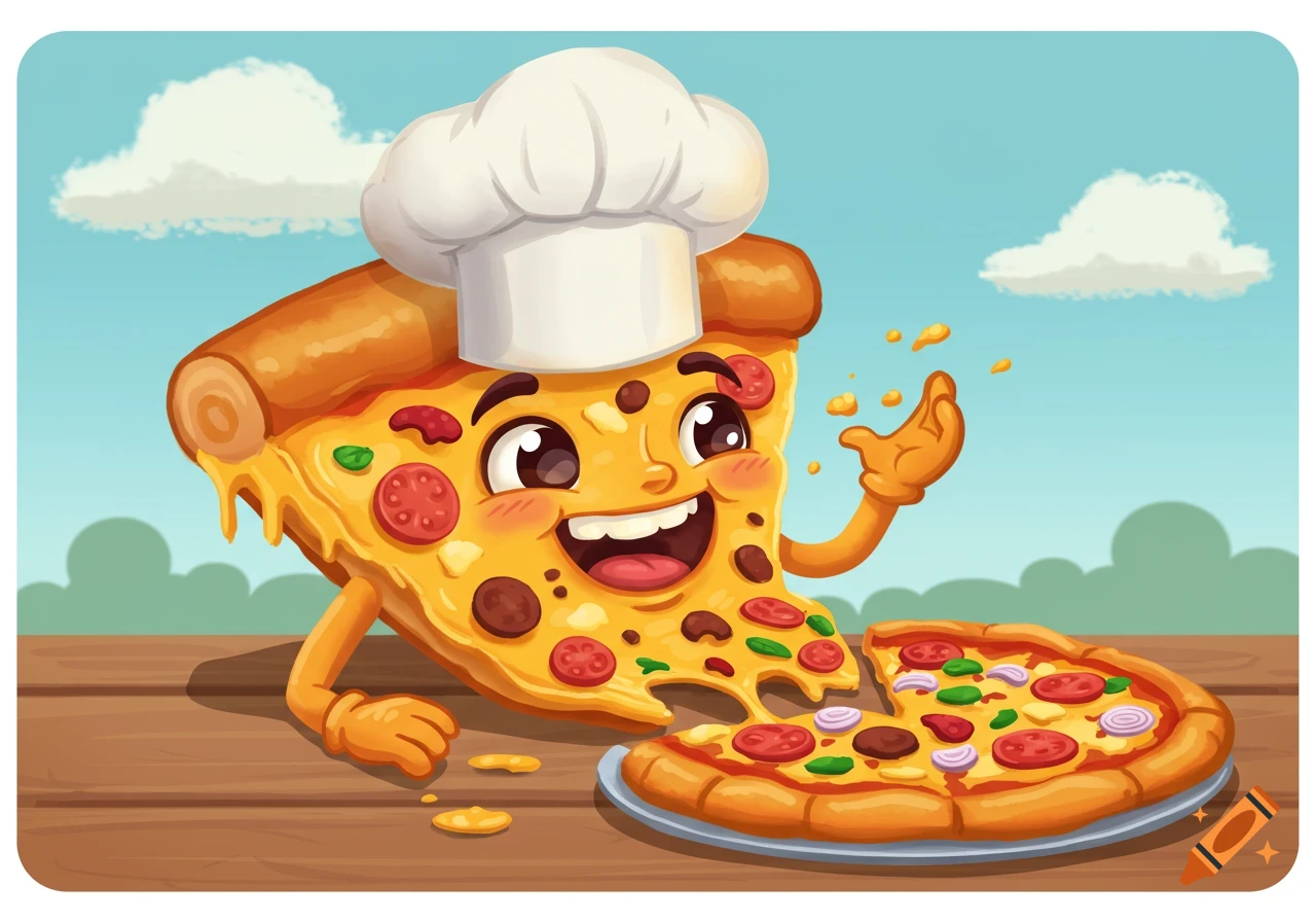 Cartoon pizza slice in a chef hat eating a pizza on a table.