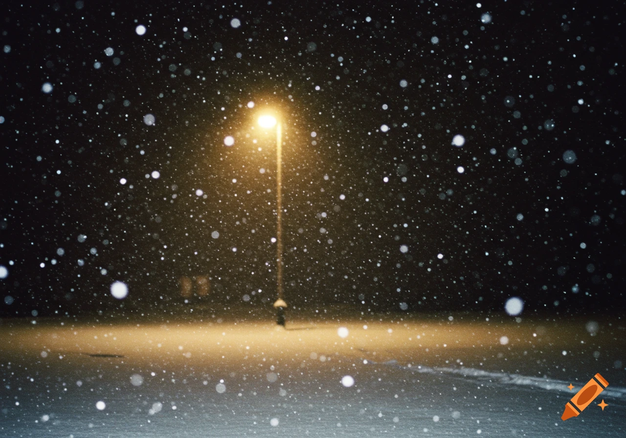 A street light illuminates a snowy night with heavy snowfall.