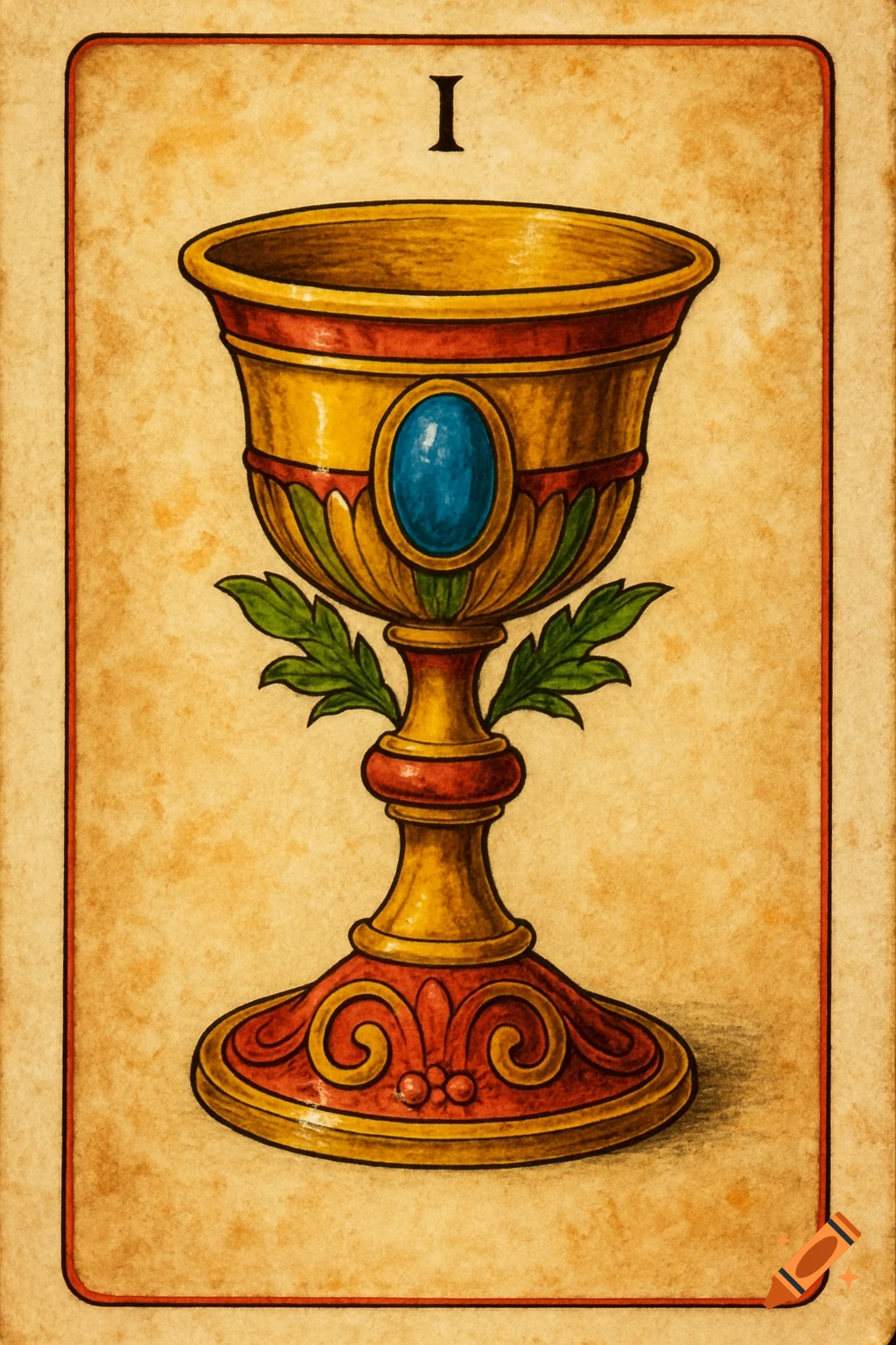 An illustrated tarot card featuring a golden chalice decorated with red and green accents and a blue gem, numbered I.