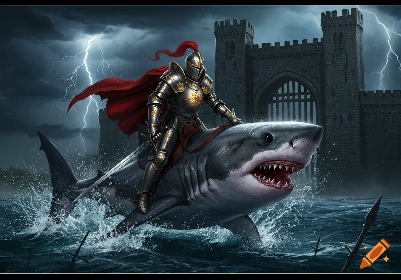 A knight in armor rides a shark through stormy water in front of a castle gate.