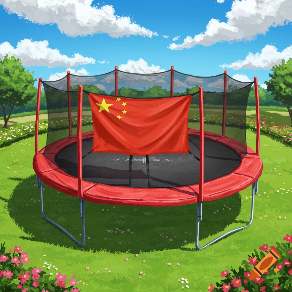 A trampoline in a sunny backyard with a Chinese flag draped across it.