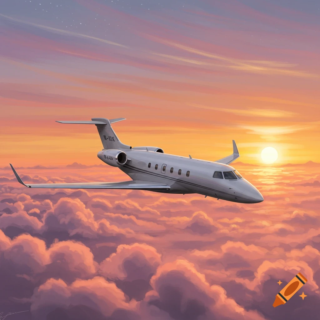 A private jet flies through pink and purple clouds at sunset.
