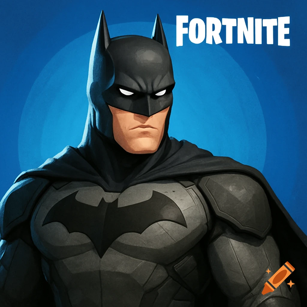 Close-up portrait of Batman with the Fortnite logo.