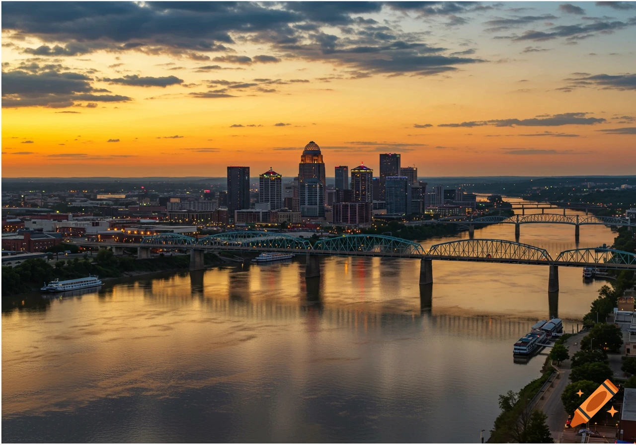 Louisville Kentucky skyline and bridges over a river at sunset.