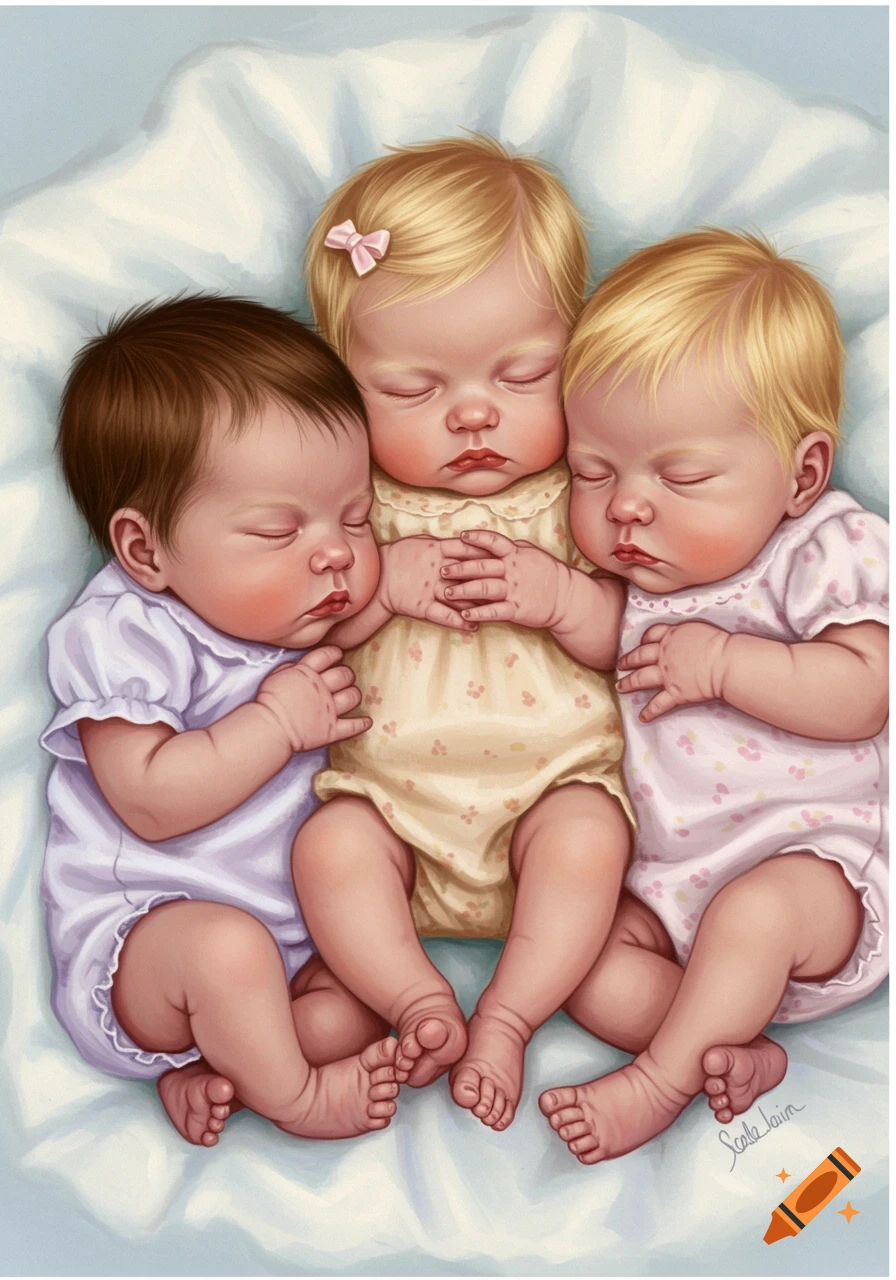 Illustration of three sleeping babies, one with brown hair, two with blond, cuddled together.