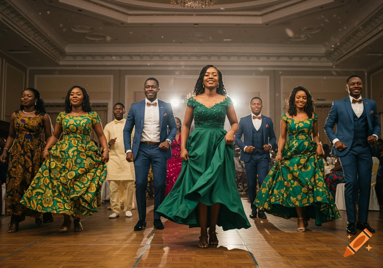 Photorealistic image of a group of African people dancing in formal attire in a hall.
