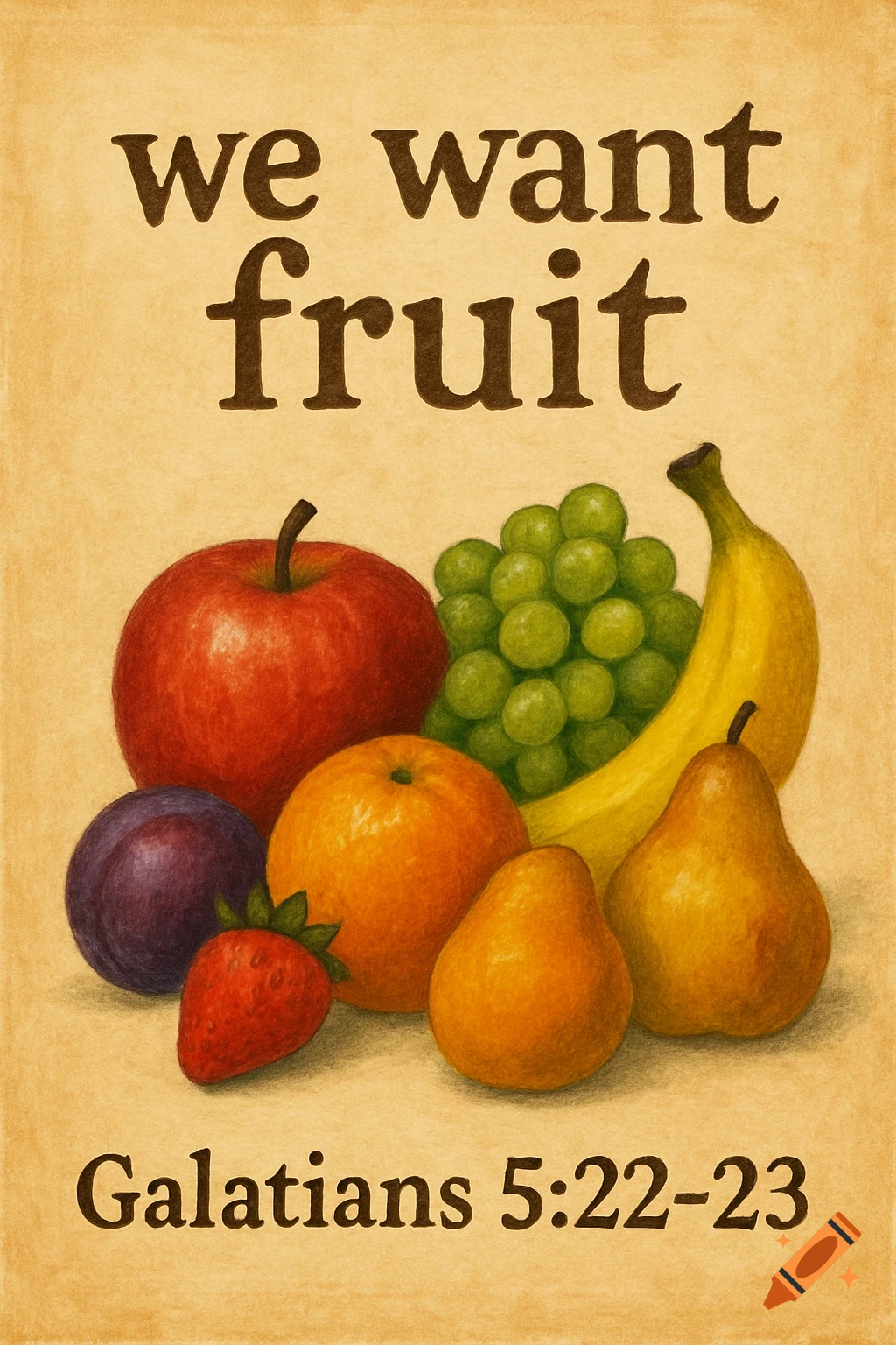 Drawing of fruit including apple, plum, strawberry, orange, grapes, banana, and pears with text 'we want fruit' and 'Galatians 5:22-23'